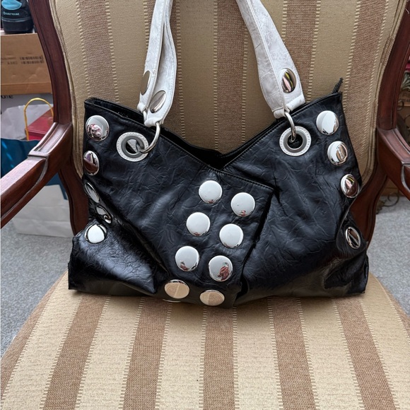 Glossy Black and Silver Studded Shoulder Bag - Picture 4 of 16